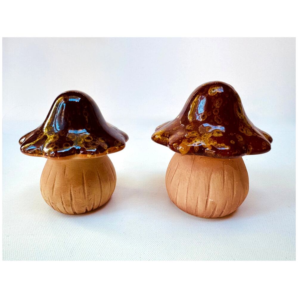 Vintage Ceramic Mushroom Pair Brown Drip Glaze Toadstool Decor